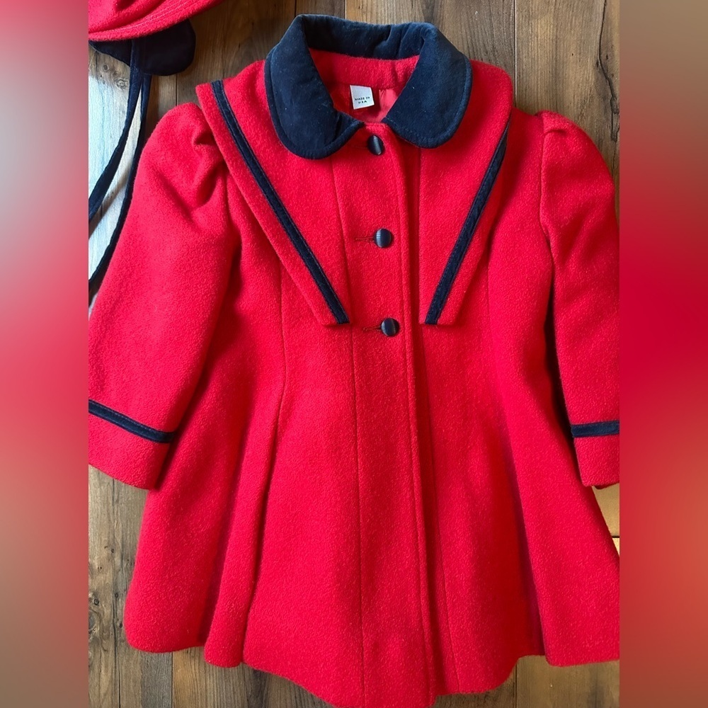Vintage Rothschild Red Wool Coat & Hat Set Black Trim Retro Holiday - Picture 3 of 9